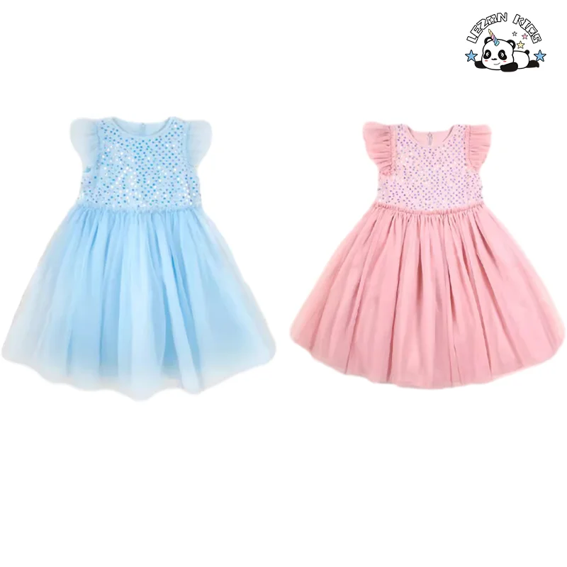 LEZONKIDS - Factory Hot Sale Girls Summer Sequin Dress Mesh Ruff Sleeve Dress Girls Princess Dress
